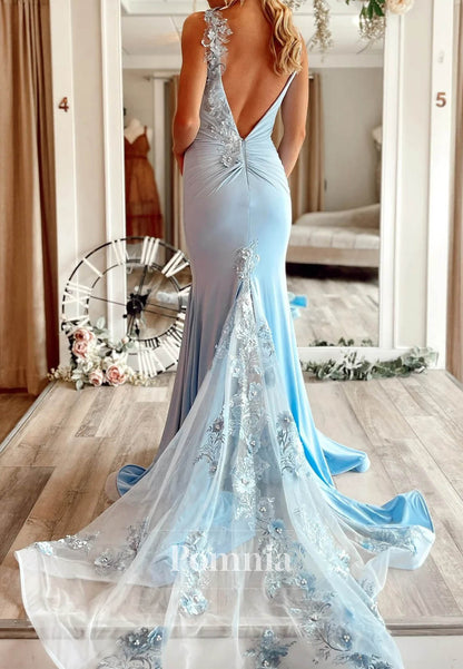 Sky Blue Satin Lace Appliques Long V Neck Prom Dress