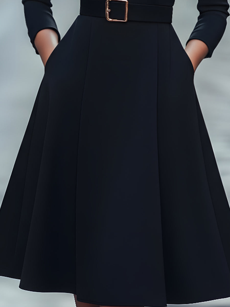 Classic Black Belted A-Line Dress