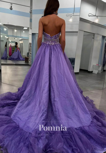 A-Line Tulle Beaded Prom Dresses Long Halter Neck Party Gowns