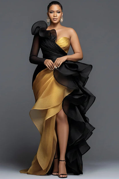 Plus Size One-Long-Sleeve Evening Dress Asymmetric-Neck Chiffon Ruffle Mermaid Evening Dress