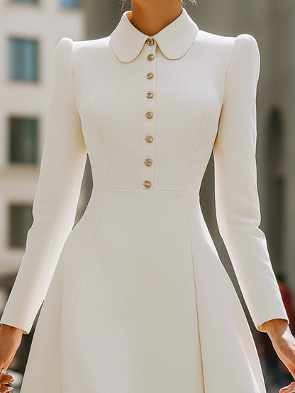 Ivory Puff Sleeve Buttoned Peter Pan Collar Midi Dress