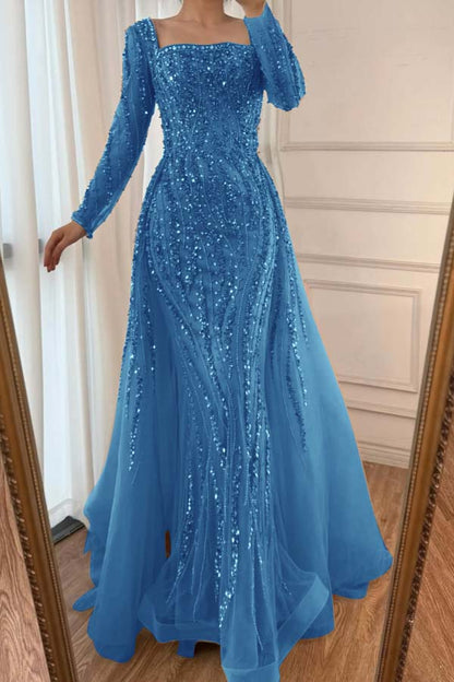 Square Neck Long Sleeves Long Mermaid Prom Dress With Beading Tulle