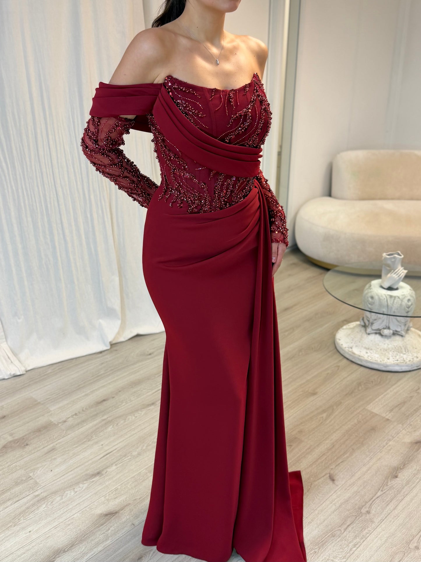 Burgundy Long SleevesOff-Shoulder Ruched Evening Dress