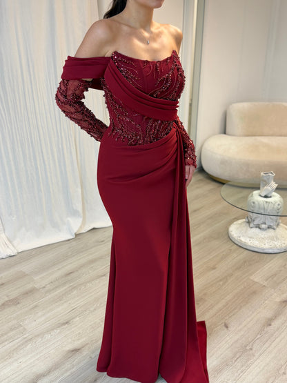 Burgundy Long SleevesOff-Shoulder Ruched Evening Dress