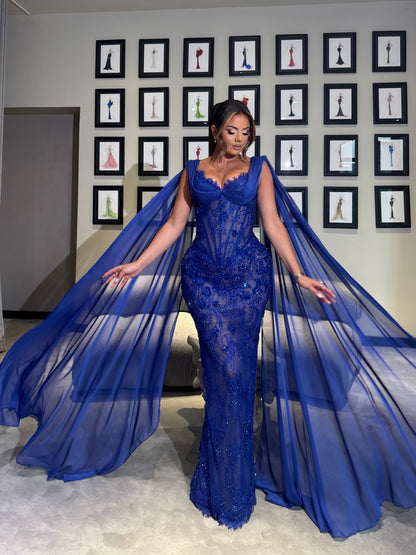 Long Royal Blue Gown with Beaded Embellishments & Draped Chiffon Sleeves