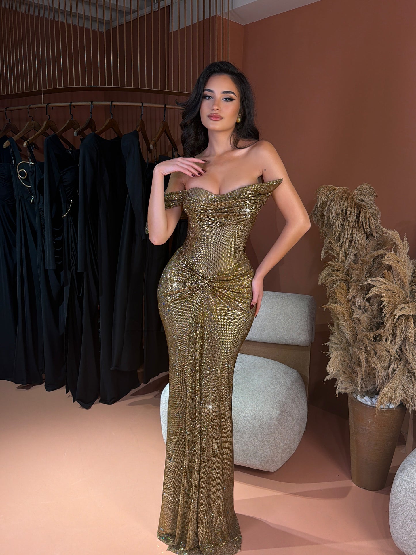 Off Shoulder Sparkling Ruched Evening Dress