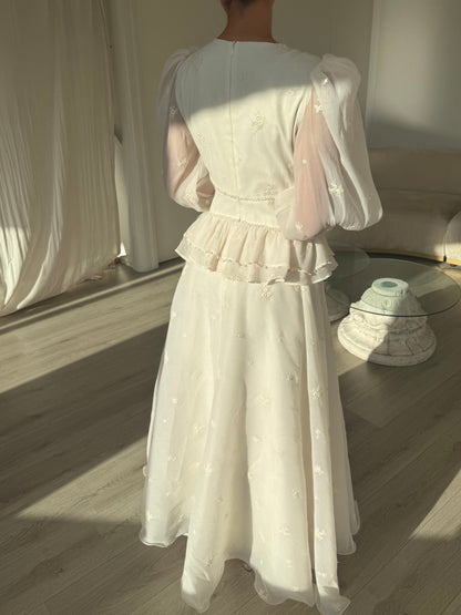 Ivory V Neck Long Sleeves Vintage Evening Formal Dress