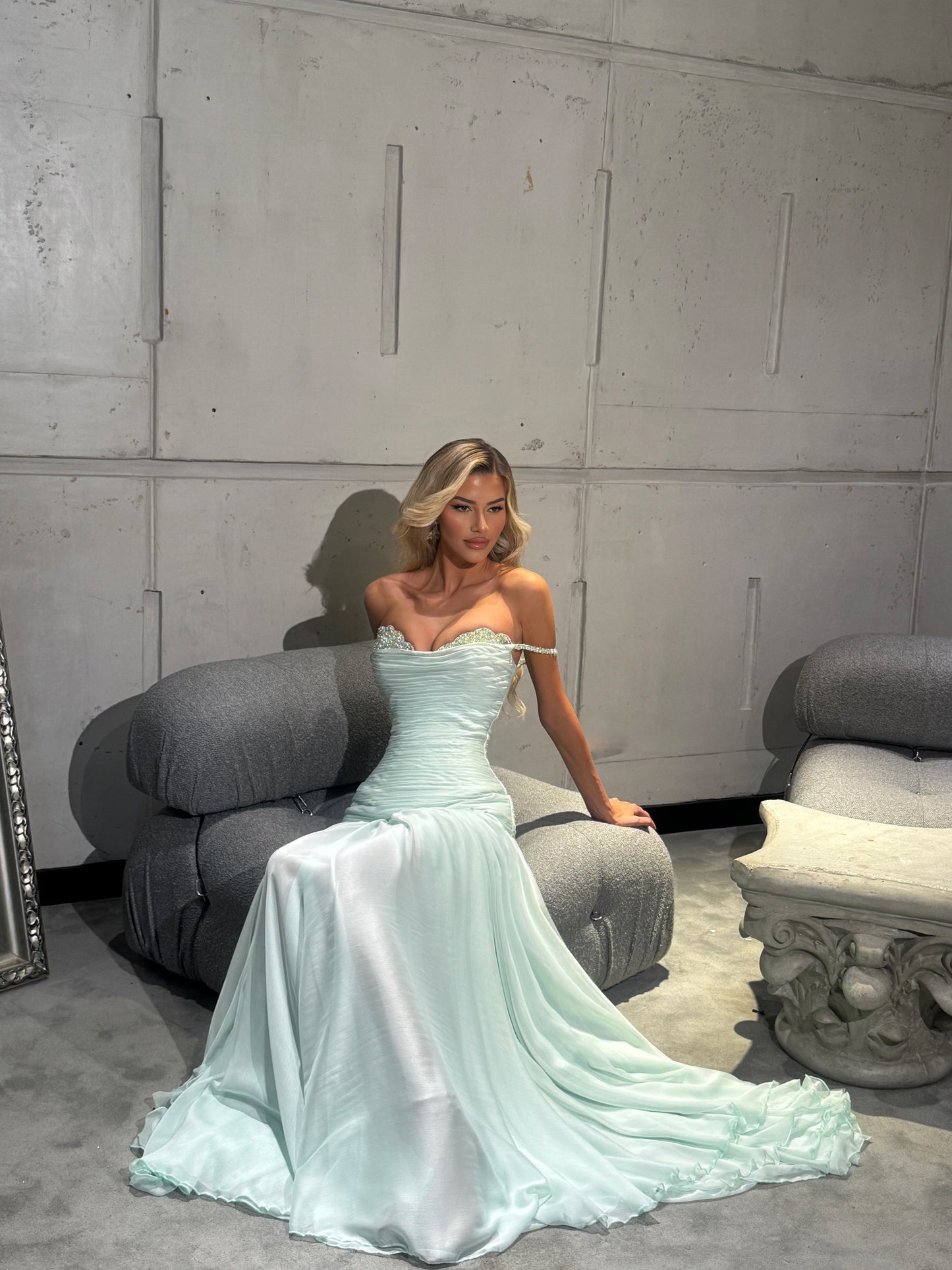 A-Line Sleeveless Strapless Flowing Mint Gown