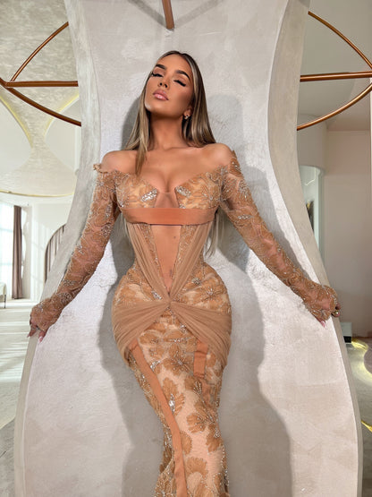 Off Shoulder Long Sleeves Lace Ruched Sheath Prom Dress