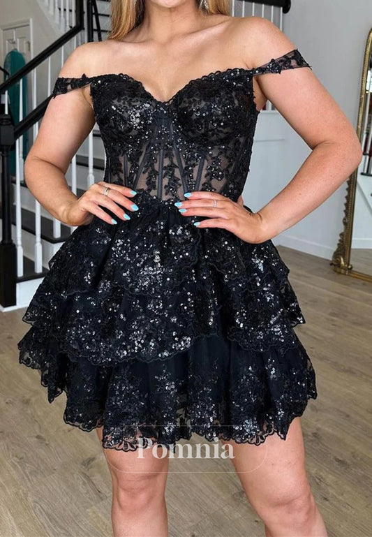 Charming A-Line Tulle Sequin Lace-Up Tiered Short Homecoming Dress