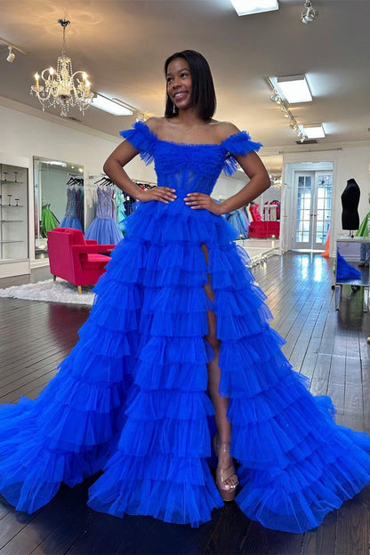 A-Line Sweetheart Off-Shoulder Sleeveless Pleated Tulle Tiered Prom Dress