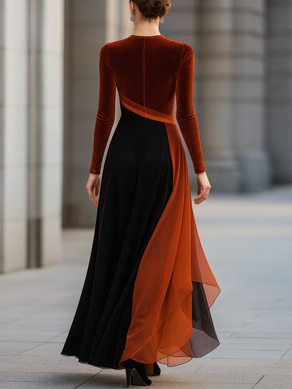 Velvet And Chiffon Panel Long Sleeve Evening Gown