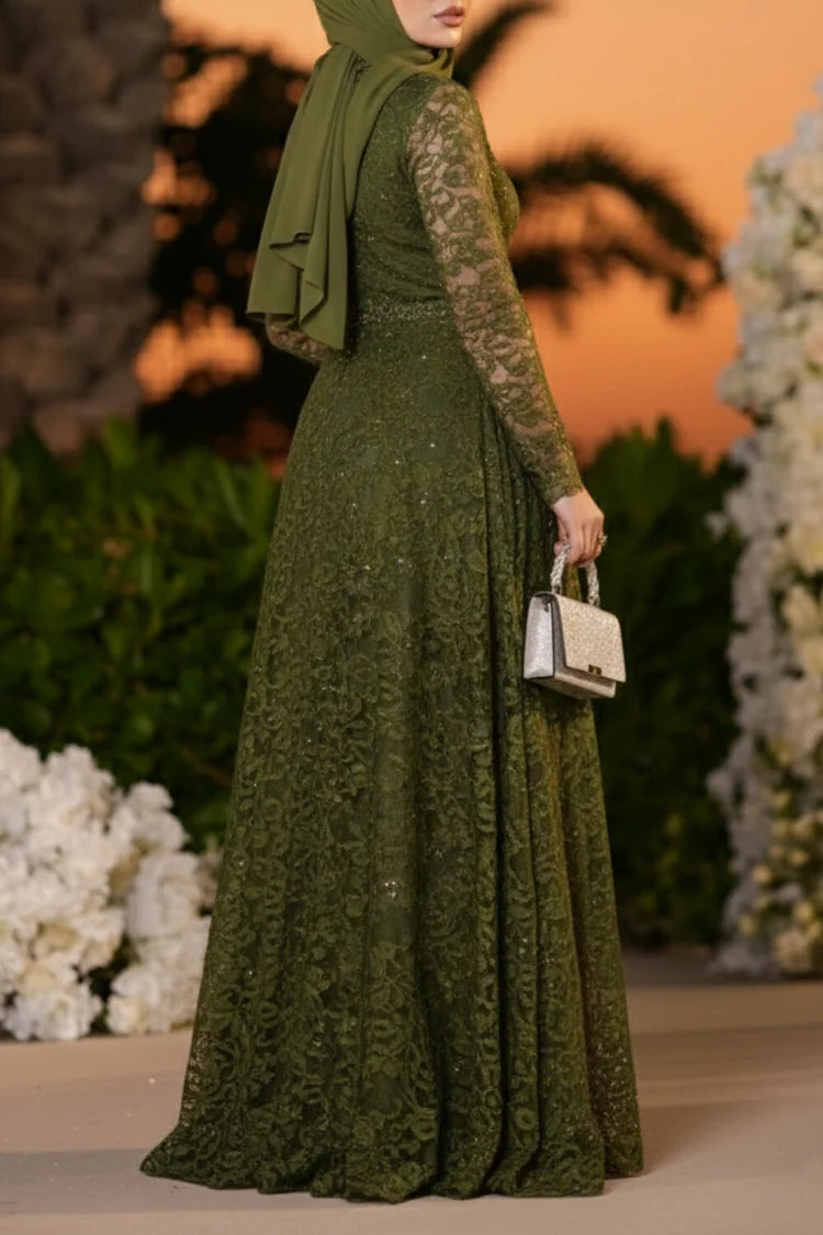 Hot Drilling Jacquard Lace See Through Plain Party Maxi Dress