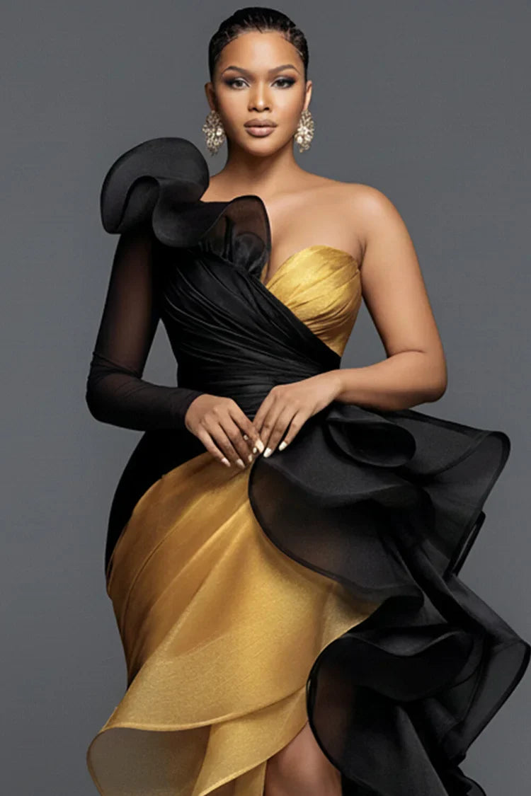 Plus Size One-Long-Sleeve Evening Dress Asymmetric-Neck Chiffon Ruffle Mermaid Evening Dress