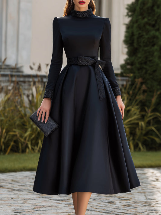 Belted High-Neck Midi Dress With Structured Silhouette