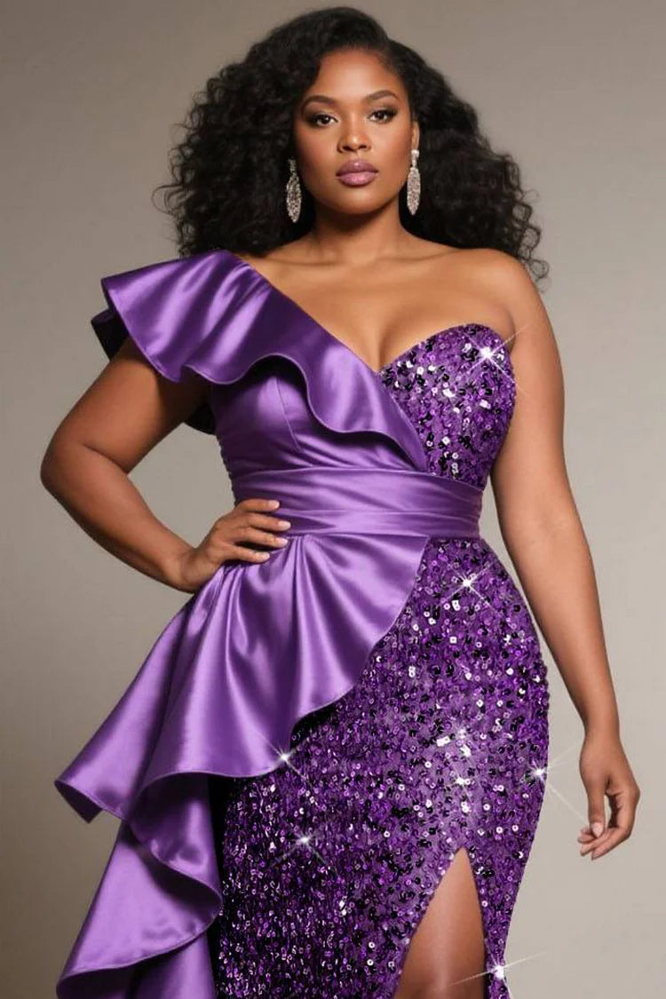 Formal Sequin Purple Oblique Collar Split Elegant Ruffle Satin Maxi Dress