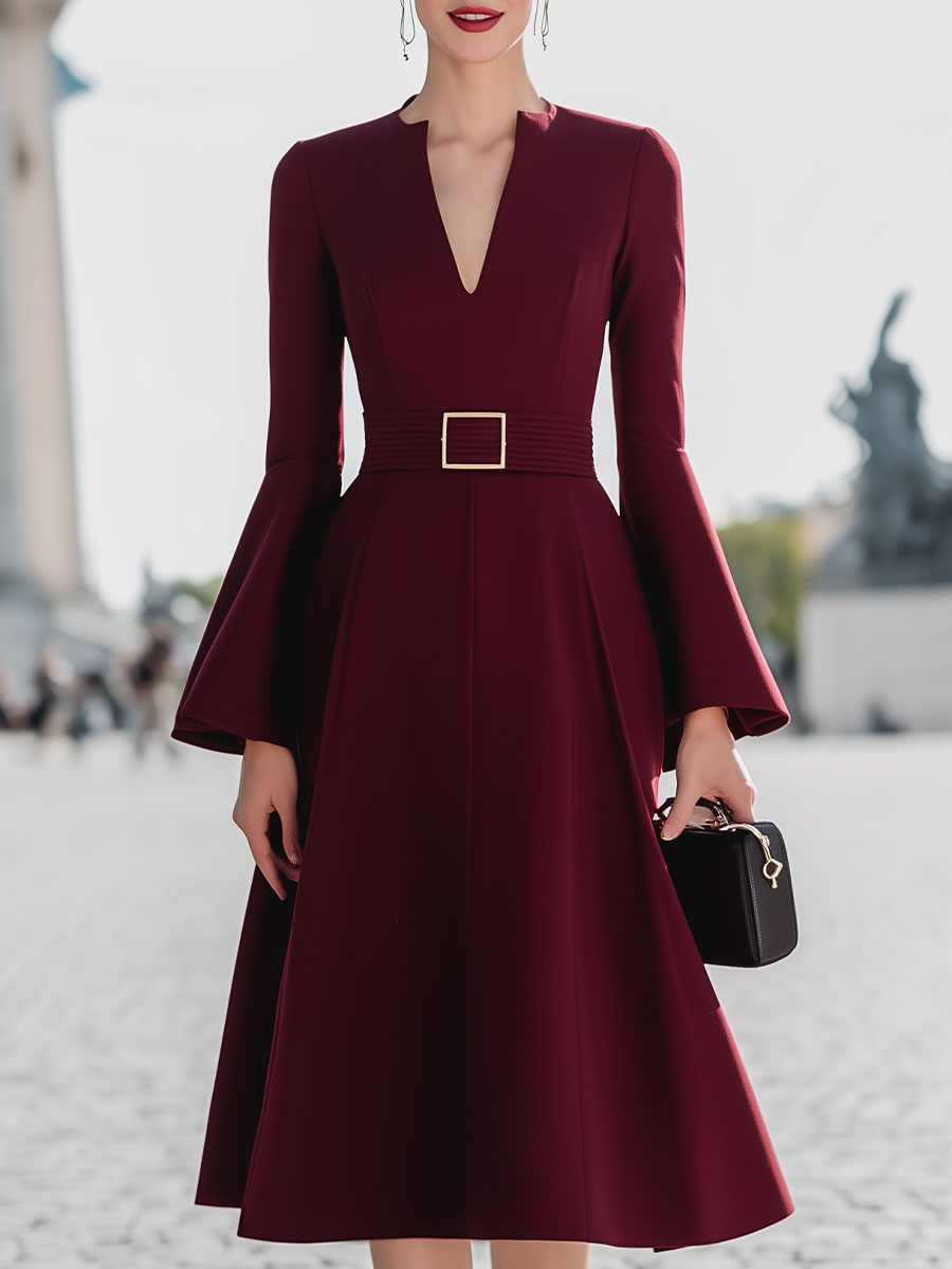 Burgundy V-Neck Bell Sleeve Belted Midi Dress