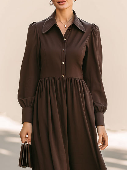 Elegant Chocolate Brown Shirt-Collar Midi Dress With Puff Sleeves