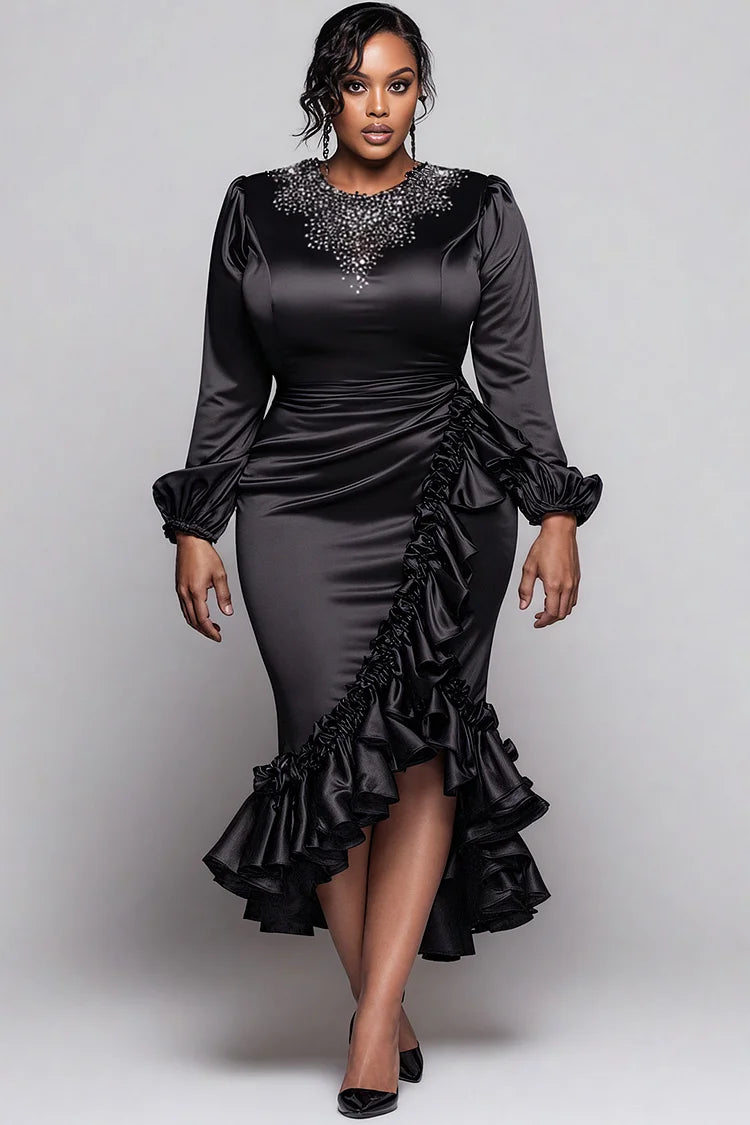 Cocktail Party Black Round Neck Long Sleeve Split Elegant Ruffle Satin Midi Dress