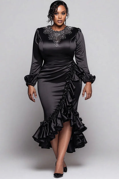 Cocktail Party Black Round Neck Long Sleeve Split Elegant Ruffle Satin Midi Dress