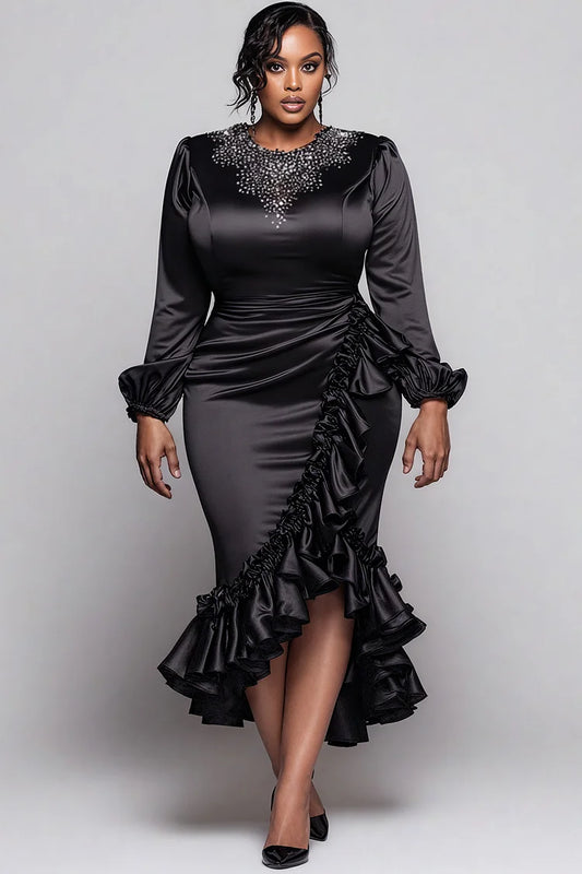 Cocktail Party Black Round Neck Long Sleeve Split Elegant Ruffle Satin Midi Dress
