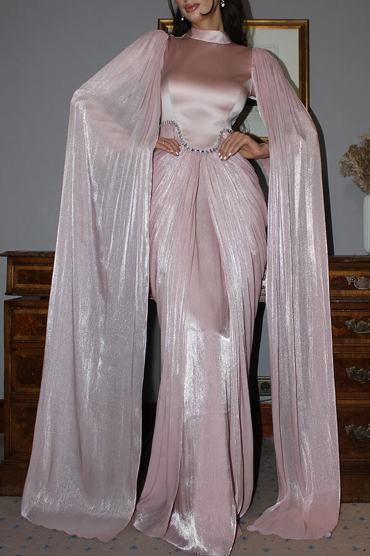 Rhinestone Cape Sleeve Ruched High Neck Party Maxi Dress