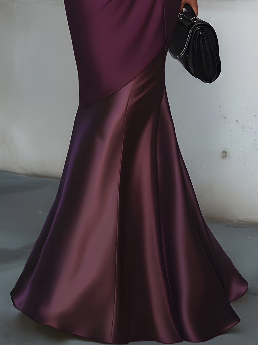 V-Neck Satin Draped Mermaid Evening Dress