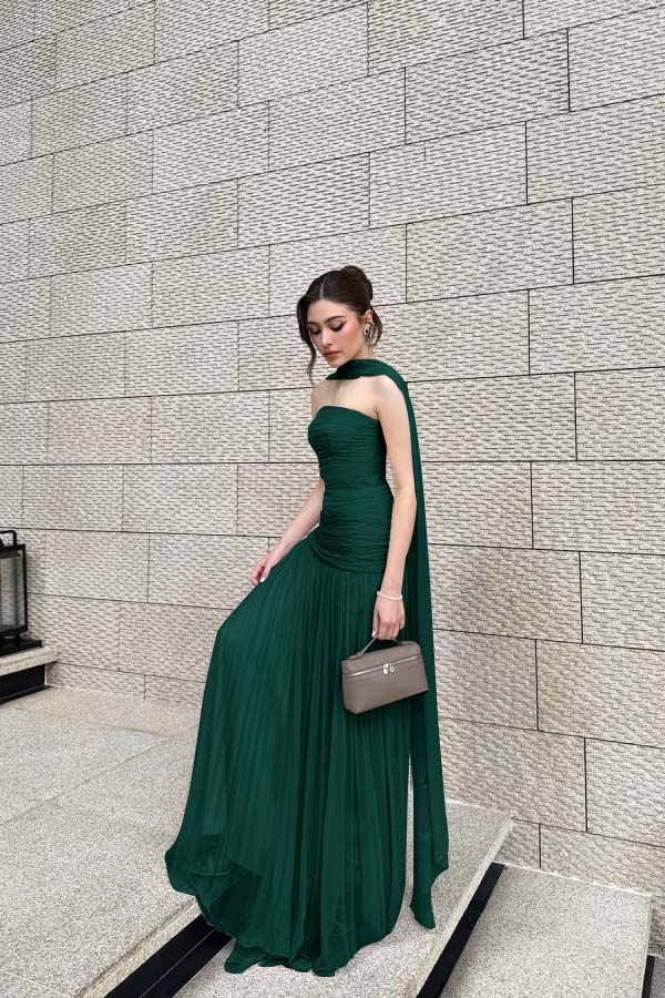 Chiffon Strapless Sleeveless Long Pleated A-Line Prom Dress With Ruffles