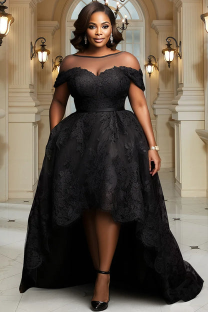 Mother Of The Bride Black Round Neck Short Sleeve High Low Hem Elegant See Through Lace Midi Dress