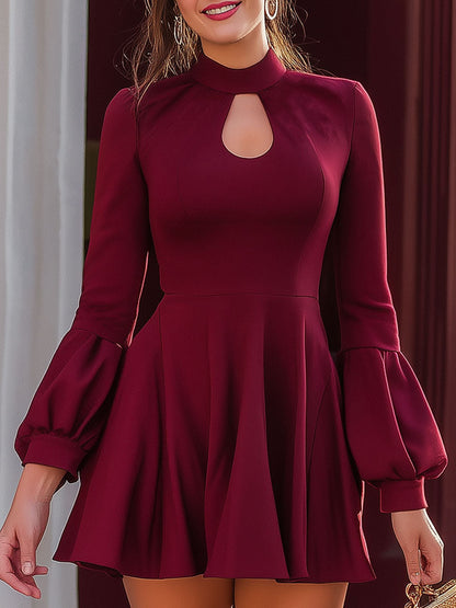 Mooyius Wine Red Keyhole Long-Sleeve Fit & Flare Mini Dress