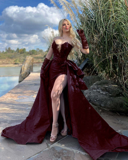 Strapless Sleeveless Long Split Prom Dress With Gloves Beading