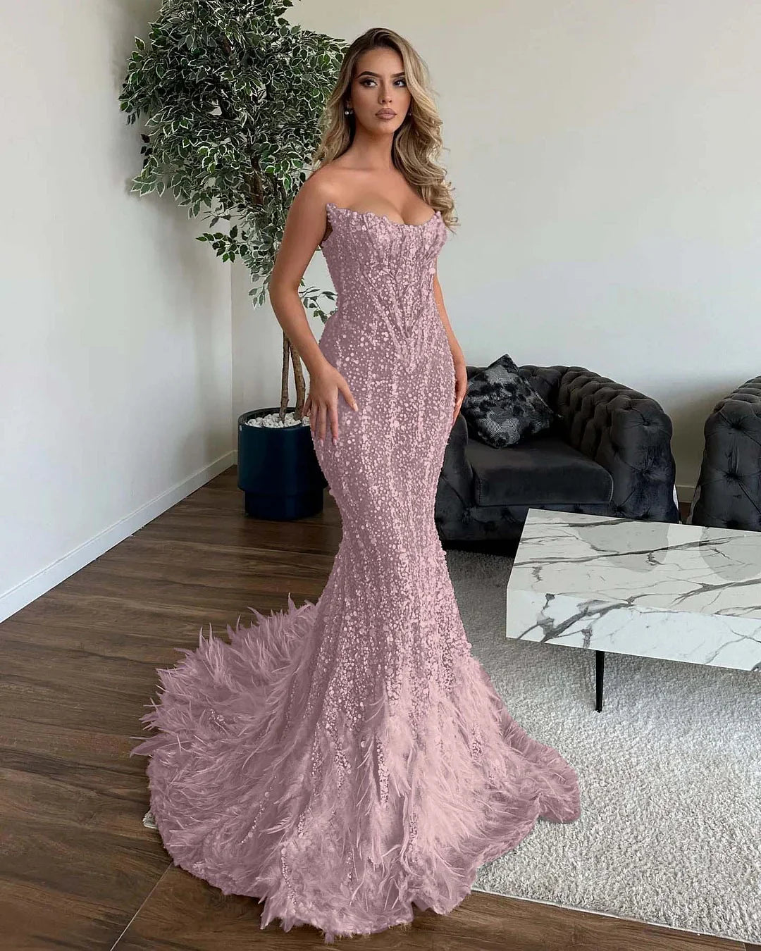 Shining Sequins Mermaid Prom Dress with Feathers