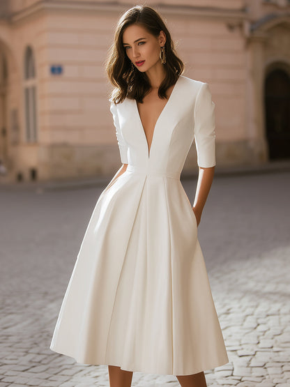 Elegant Deep V-Neck Pleated A-Line Midi Dress