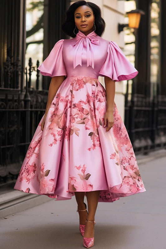 Pink Floral Short Sleeve Bow Tie Pocket Satin Midi Dress