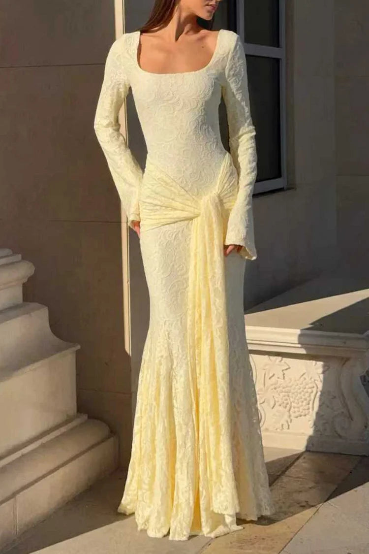 Jacquard Square Neck Backless Streamer Lace Party Maxi Dress