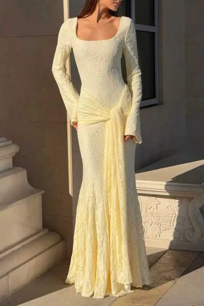 Jacquard Square Neck Backless Streamer Lace Party Maxi Dress