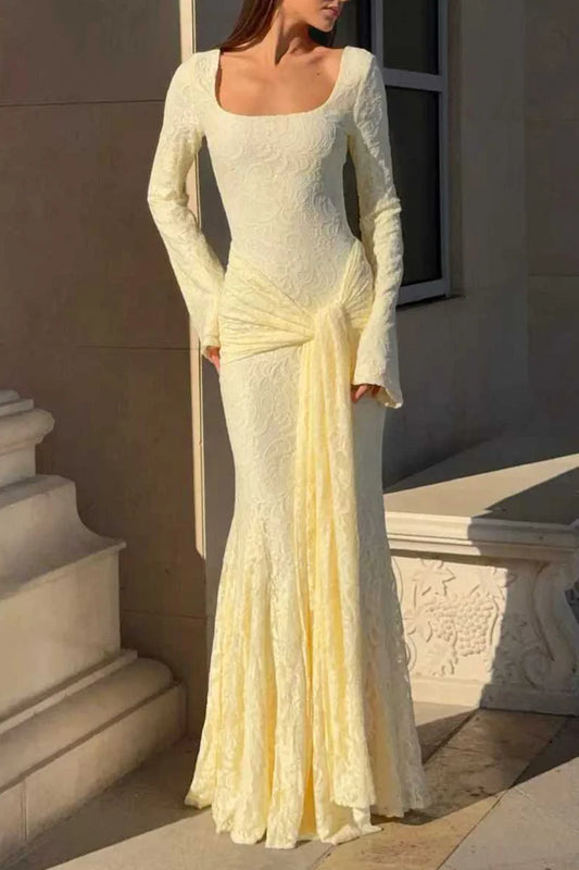 Jacquard Square Neck Backless Streamer Lace Party Maxi Dress