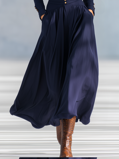 Elegant Button-decorated V-neck Long-sleeved Maxi Dress