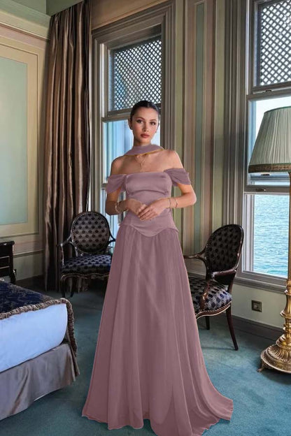 Stunning Off the Shoulder Sleeveless Long Prom Dress With Pleated