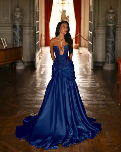 V-Neck Strapless Sleeveless Long Pleated Mermaid Prom Dress With Ruffles And Beadings