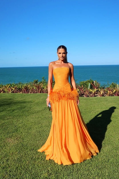 Chiffon Strapless Sleeveless Long A-Line Prom Dress With Pleated And Feathers