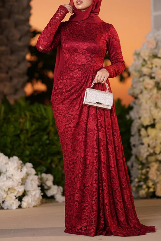 Jacquard Lace Ruched Cinch Waist Plain Party Maxi Dress