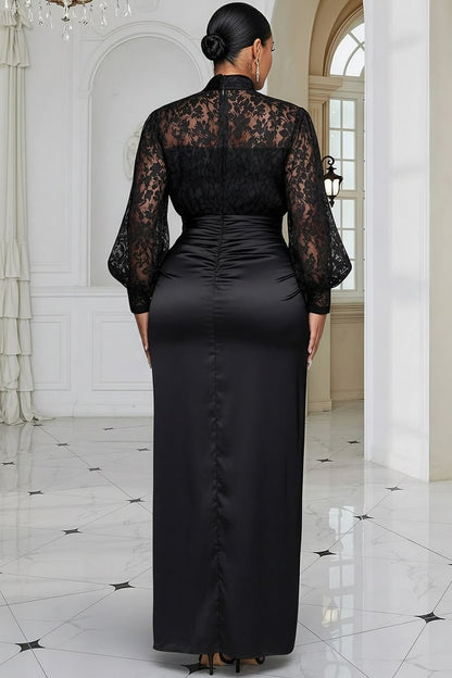 Formal Satin Black Mock Neck Lantern Sleeve Long Sleeve Split Maxi Dress