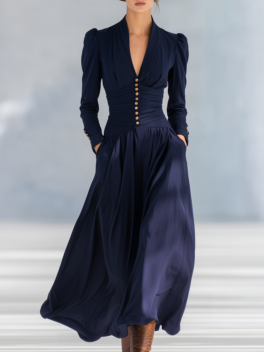 Elegant Button-decorated V-neck Long-sleeved Maxi Dress