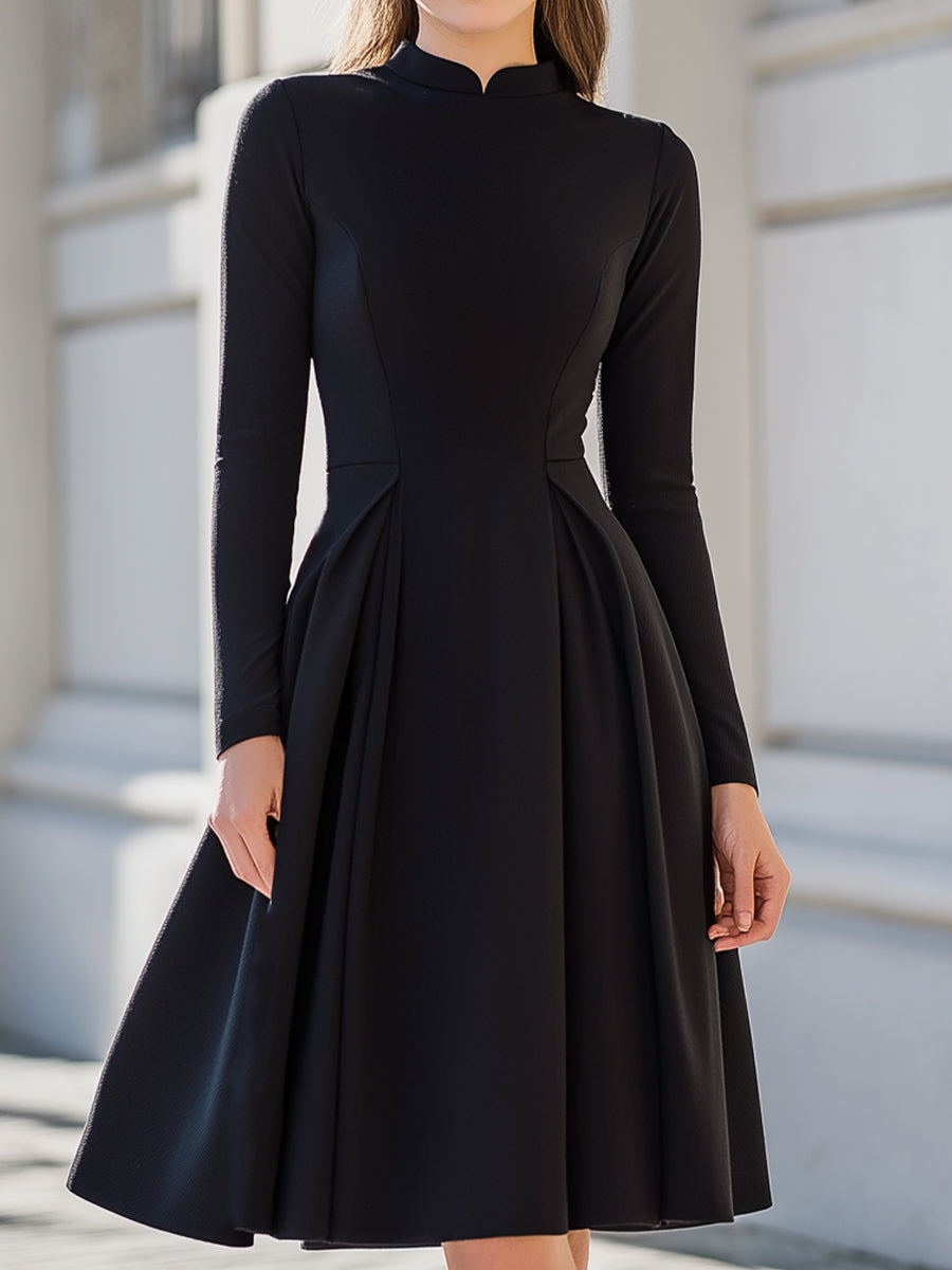 Black Minimalist Long-Sleeve Flared Midi Dress