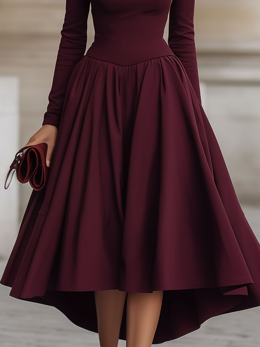 Burgundy High-Neck Long-Sleeve High-Low Midi Dress