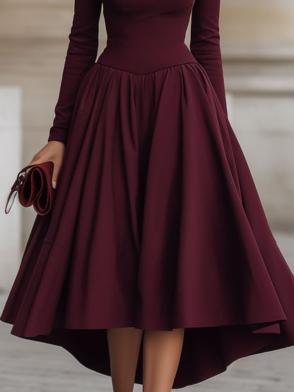 Burgundy High-Neck Long-Sleeve High-Low Midi Dress
