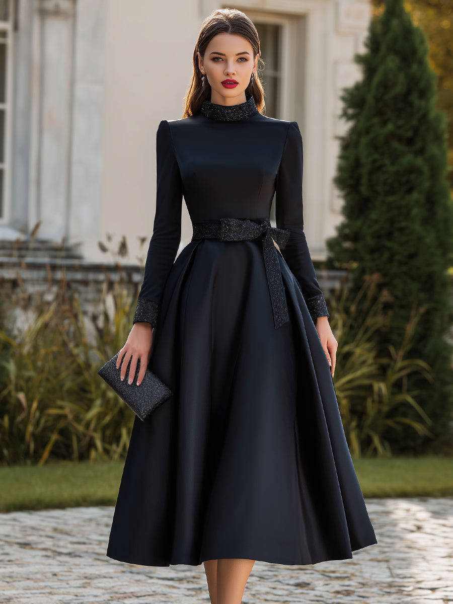 Belted High-Neck Midi Dress With Structured Silhouette