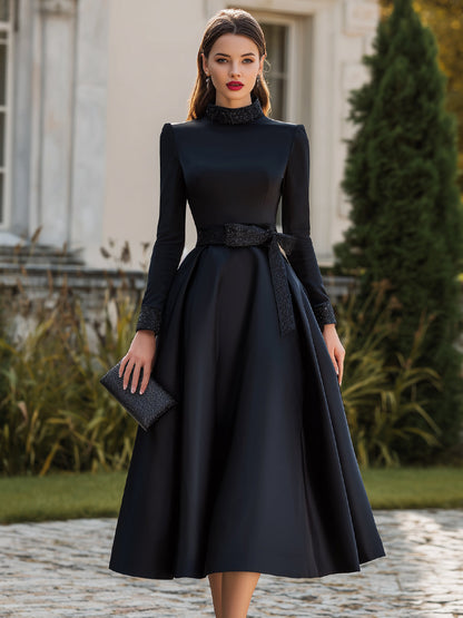 Belted High-Neck Midi Dress With Structured Silhouette