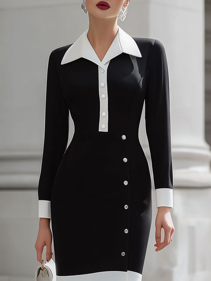 Elegant Black & White Contrast Button Midi Dress For Timeless Sophistication
